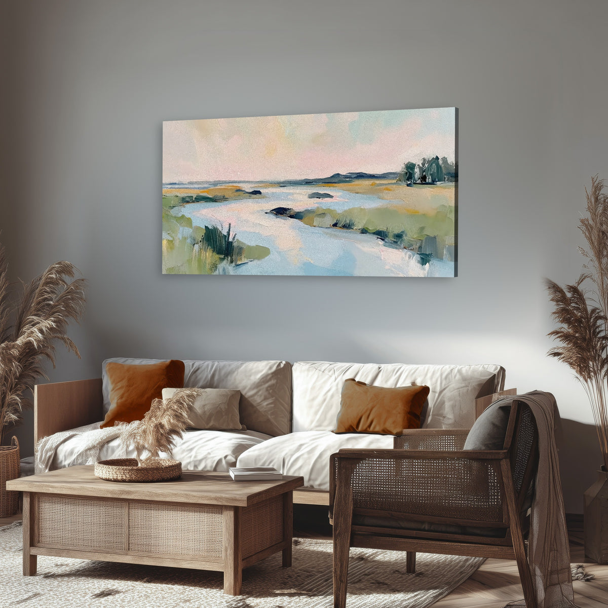 Pastel marsh river painting canvas wall art in a rustic living room