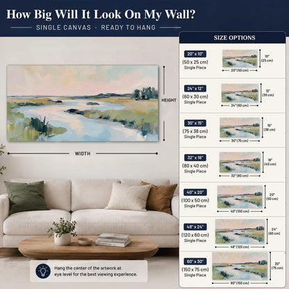 Pastel marsh river painting canvas wall art size guide above a sofa
