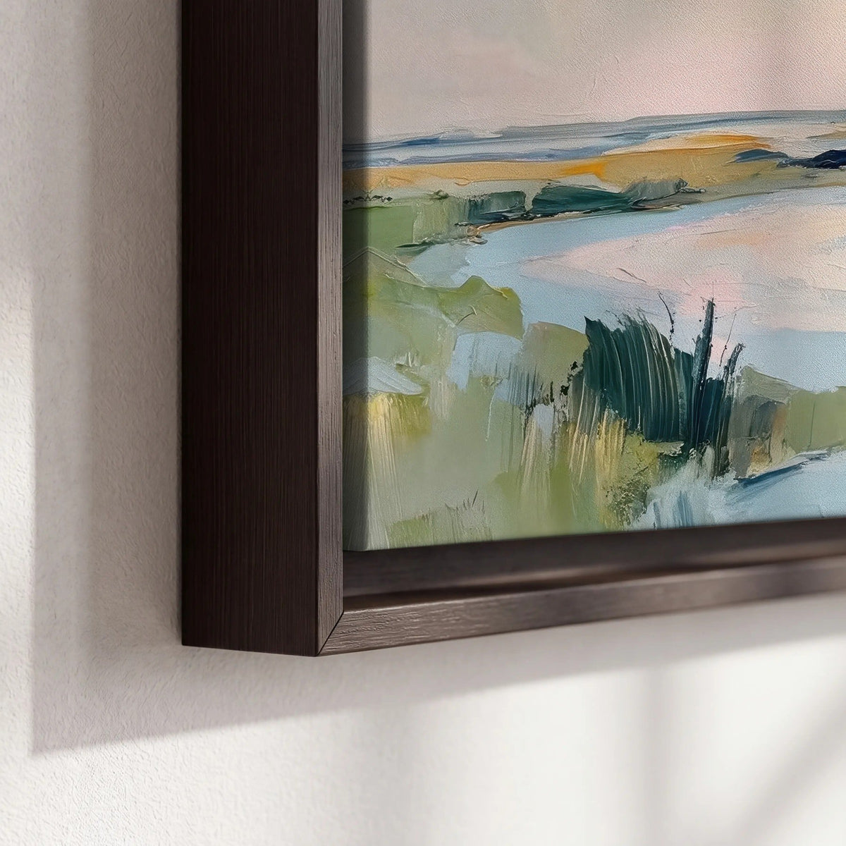 Pastel marsh river painting framed canvas close-up showing the floating frame