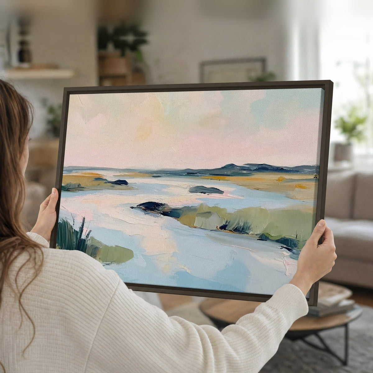 Pastel marsh river painting framed canvas held in hands