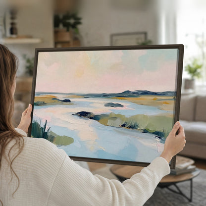 Pastel marsh river painting framed canvas held in hands