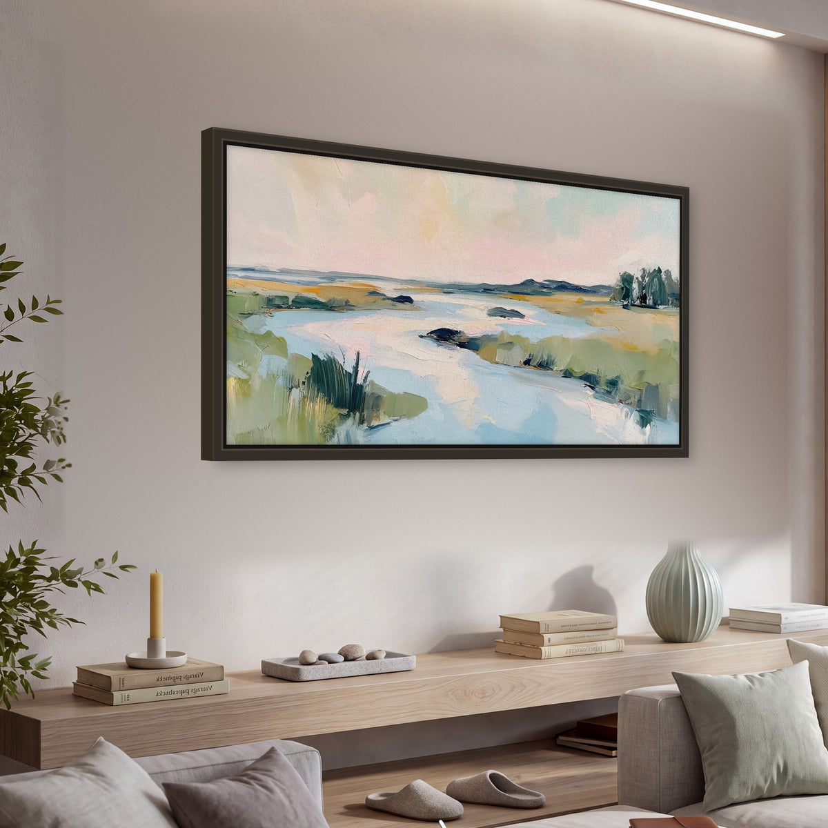 Pastel marsh river painting framed canvas wall art in a living room above a console