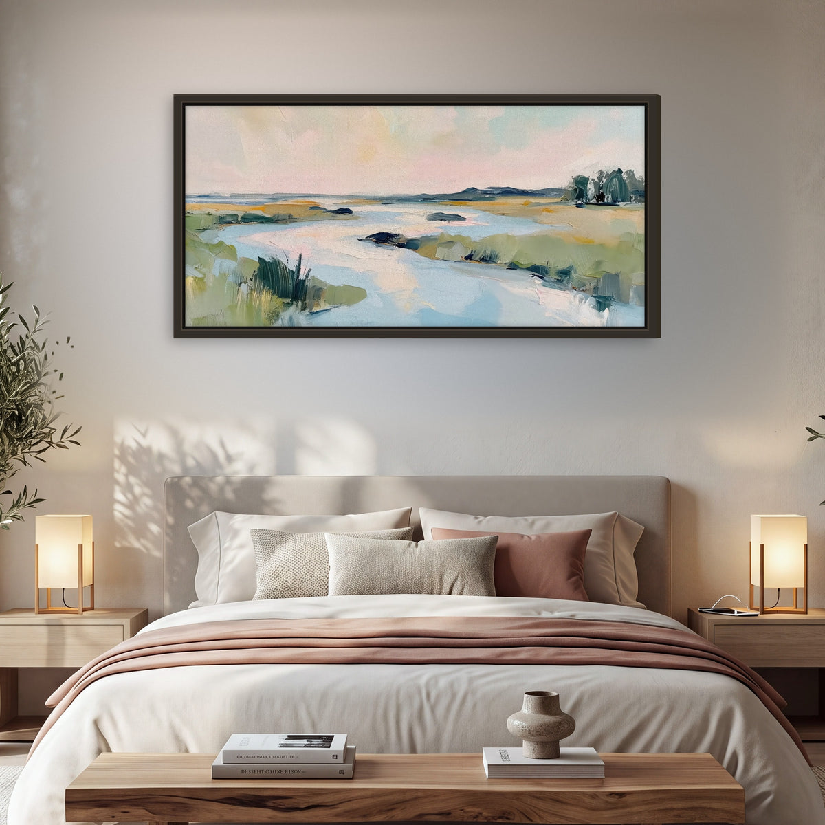 Pastel marsh river painting framed canvas wall art in a bedroom above the bed