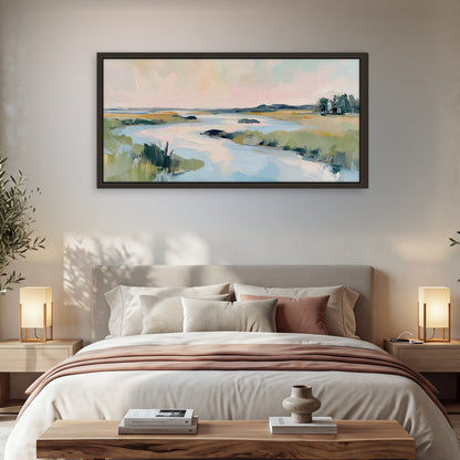 Pastel marsh river painting framed canvas wall art in a bedroom above the bed