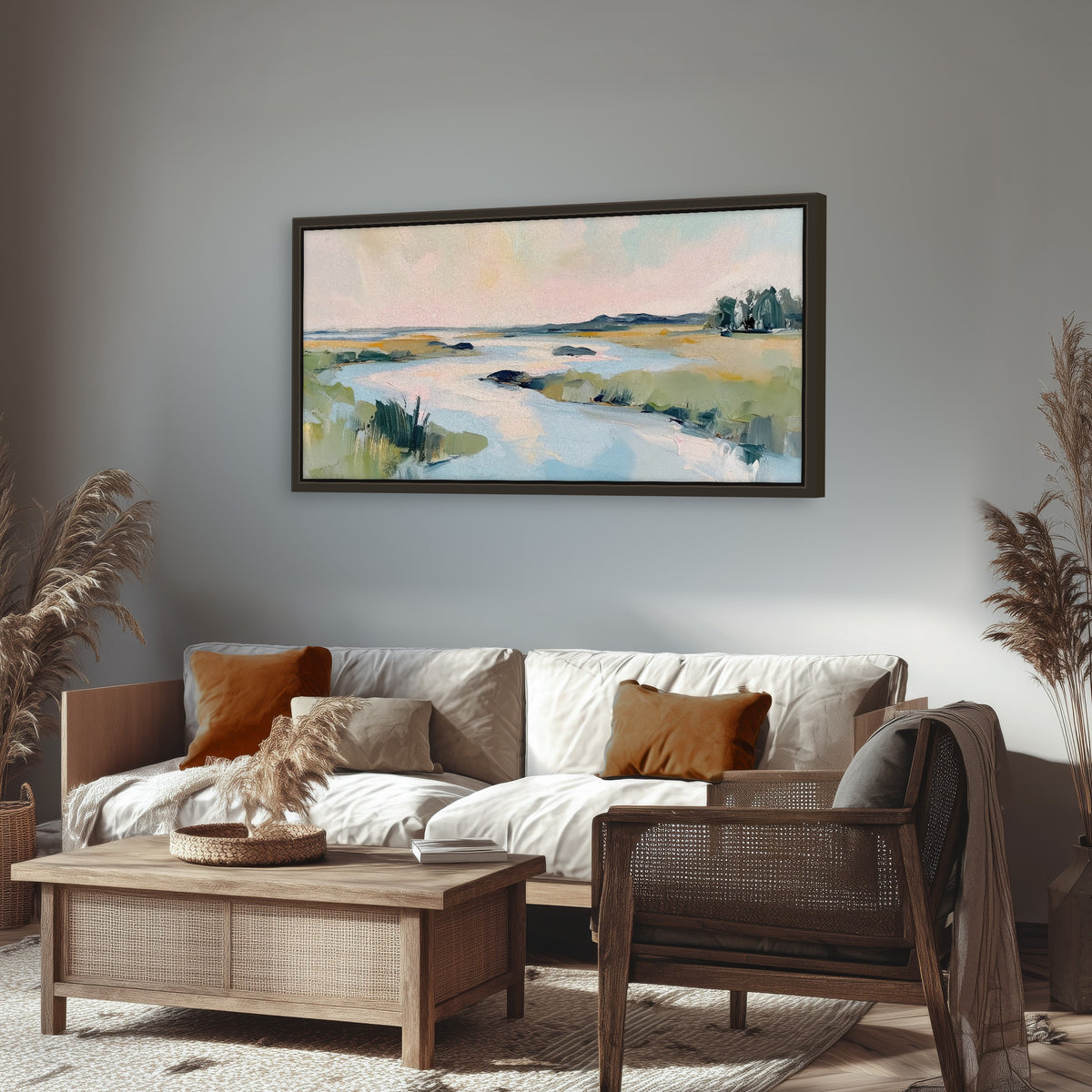 Pastel marsh river painting framed canvas wall art in a rustic living room