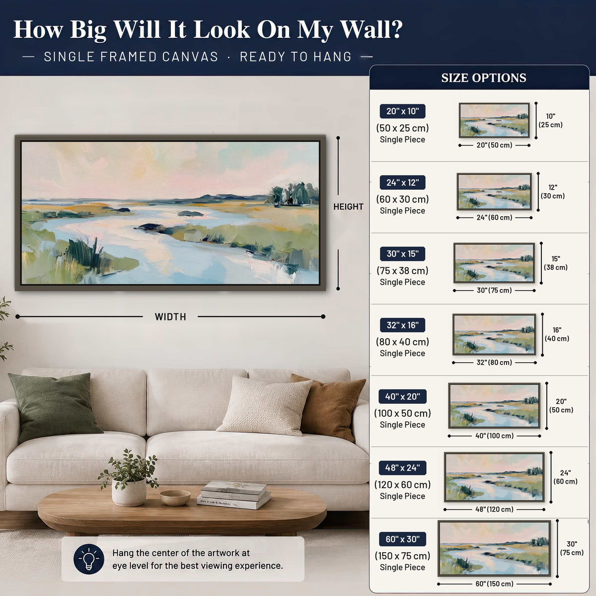 Pastel marsh river painting framed canvas wall art size guide above a sofa