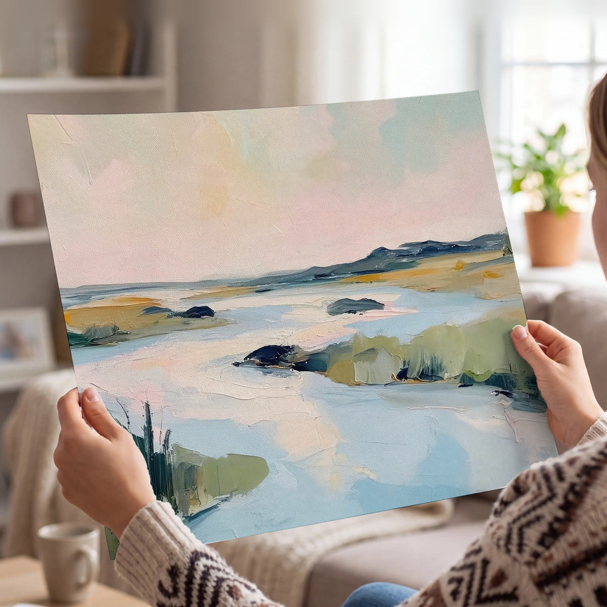Pastel marsh river painting poster print held in hands