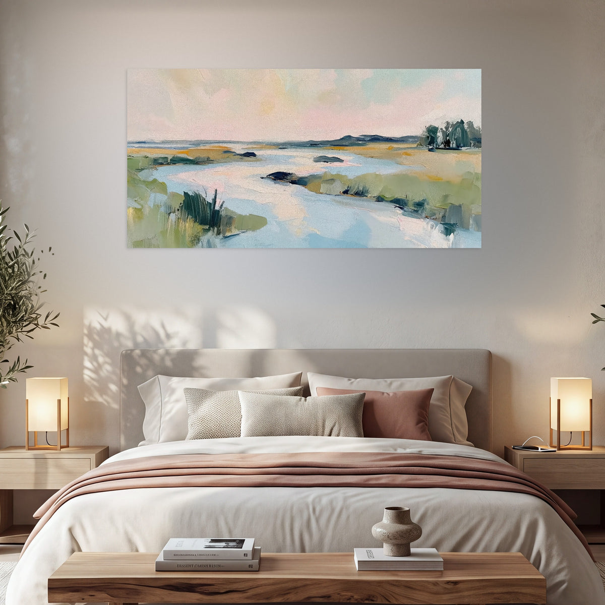 Pastel marsh river painting poster print in a bedroom above the bed