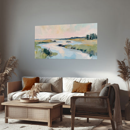 Pastel marsh river painting poster print in a rustic living room