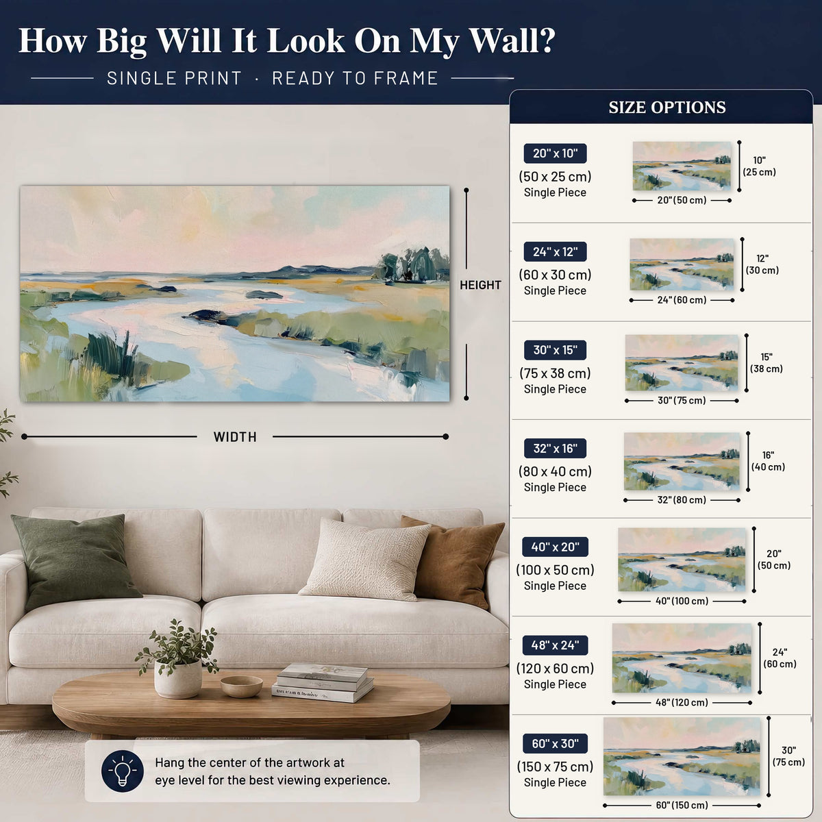 Pastel marsh river painting poster print size guide above a sofa