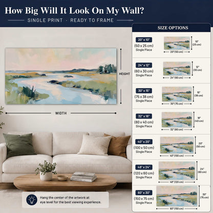 Pastel marsh river painting poster print size guide above a sofa
