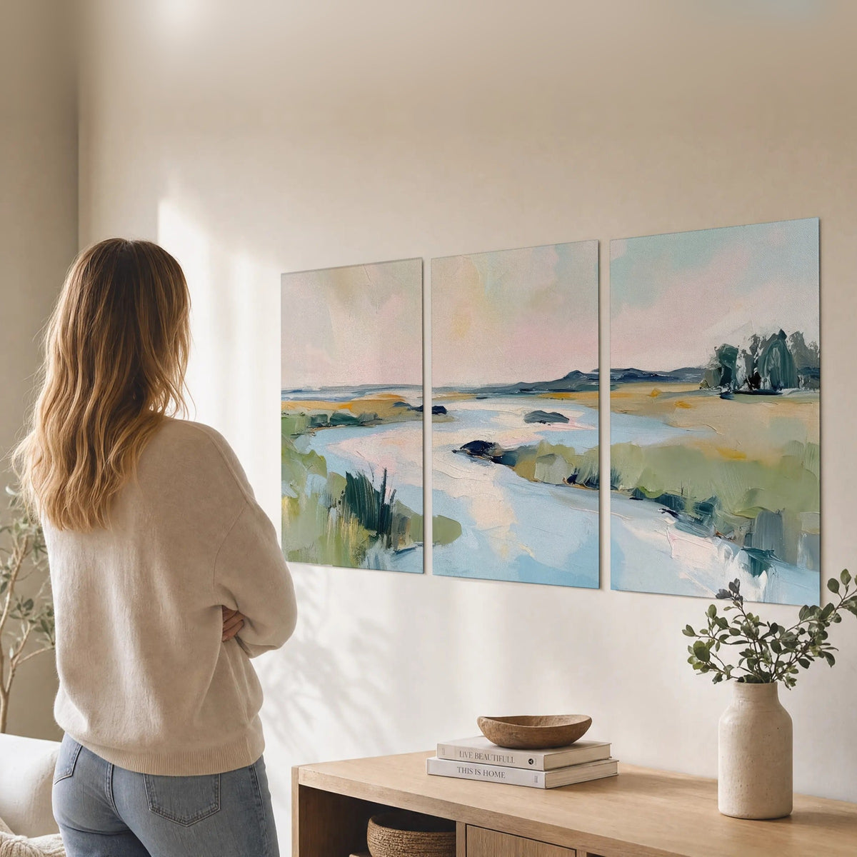 Pastel marsh river painting set of 3 poster prints in a living room