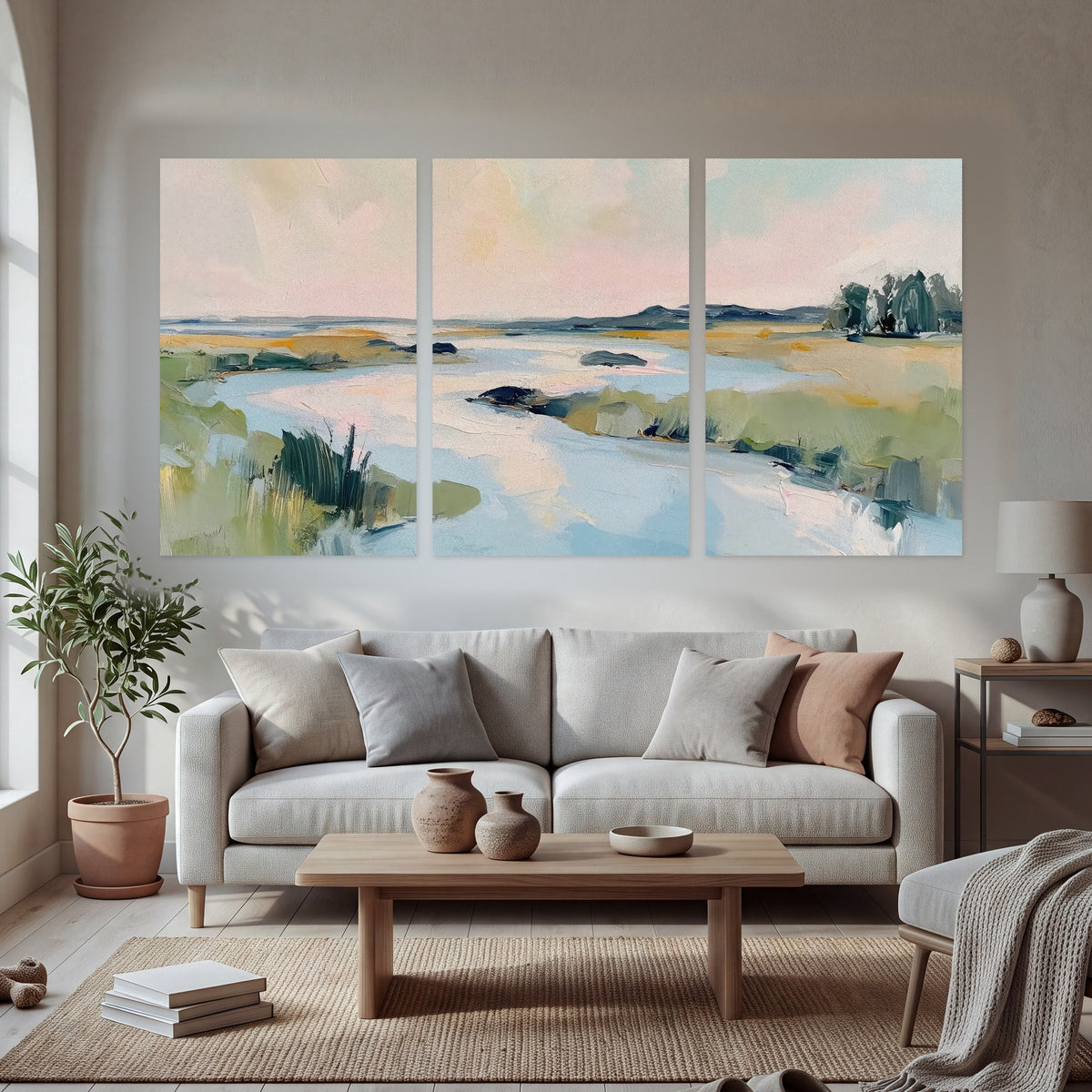 Pastel marsh river painting set of 3 poster prints in a bright living room