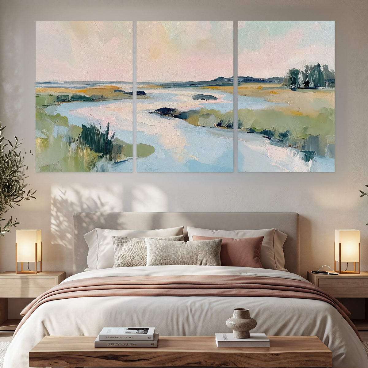 Pastel marsh river painting set of 3 poster prints in a bedroom above the bed