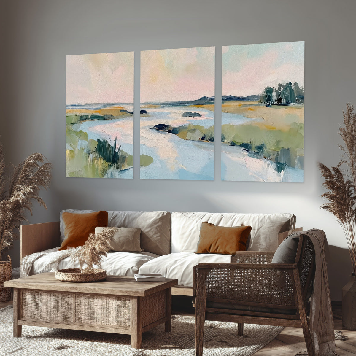 Pastel marsh river painting set of 3 poster prints in a rustic living room
