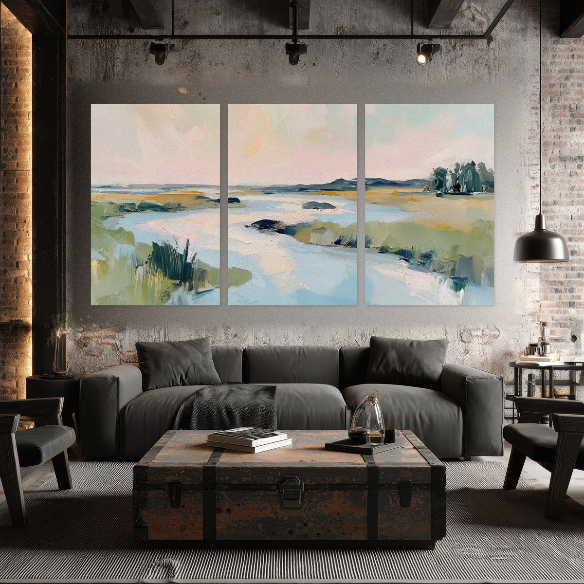 Pastel marsh river painting set of 3 poster prints in an industrial loft