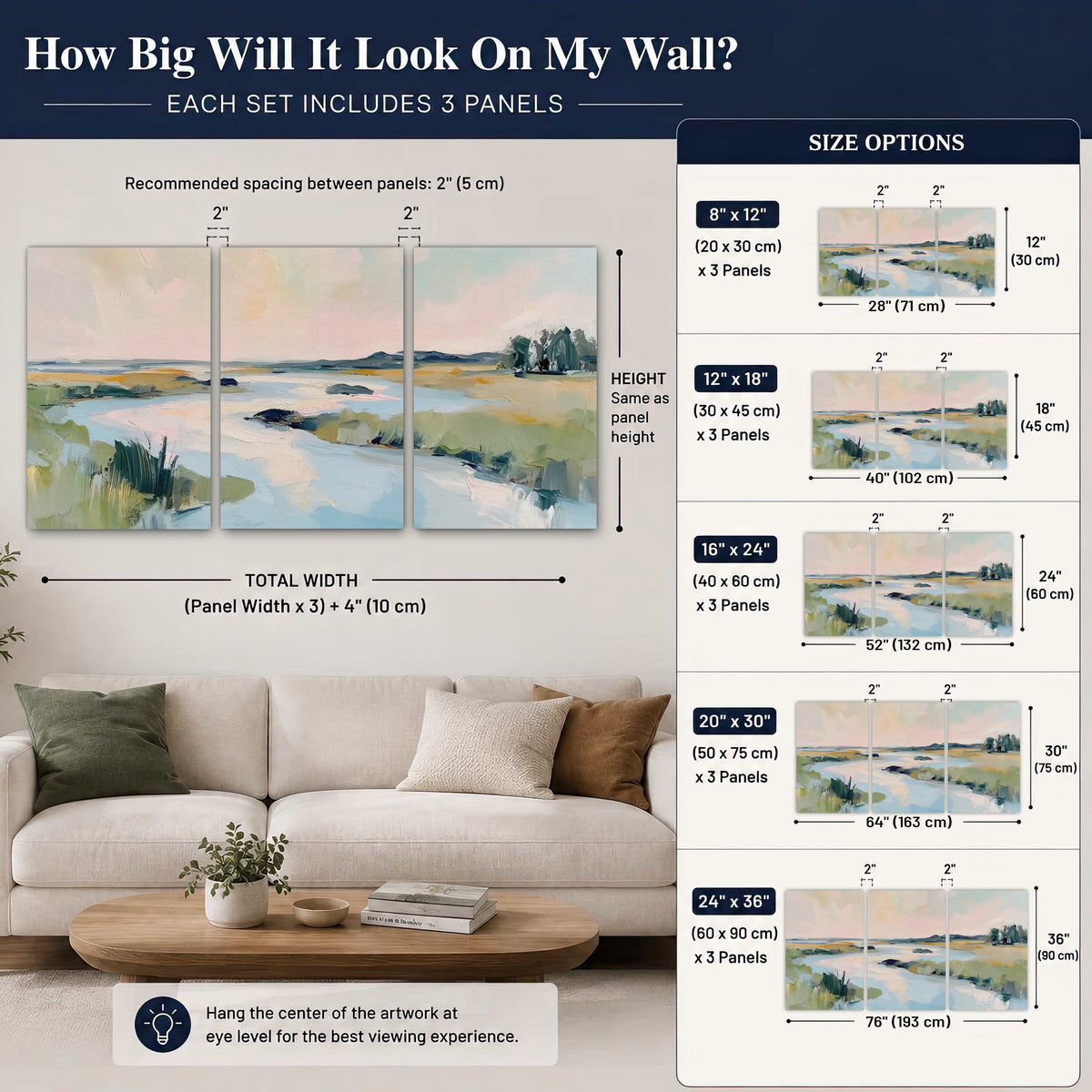 Pastel marsh river painting set of 3 poster prints size guide above a sofa