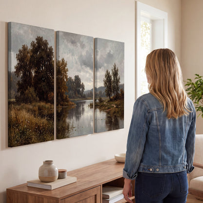 Autumn river landscape painting 3 piece canvas wall art in a living room