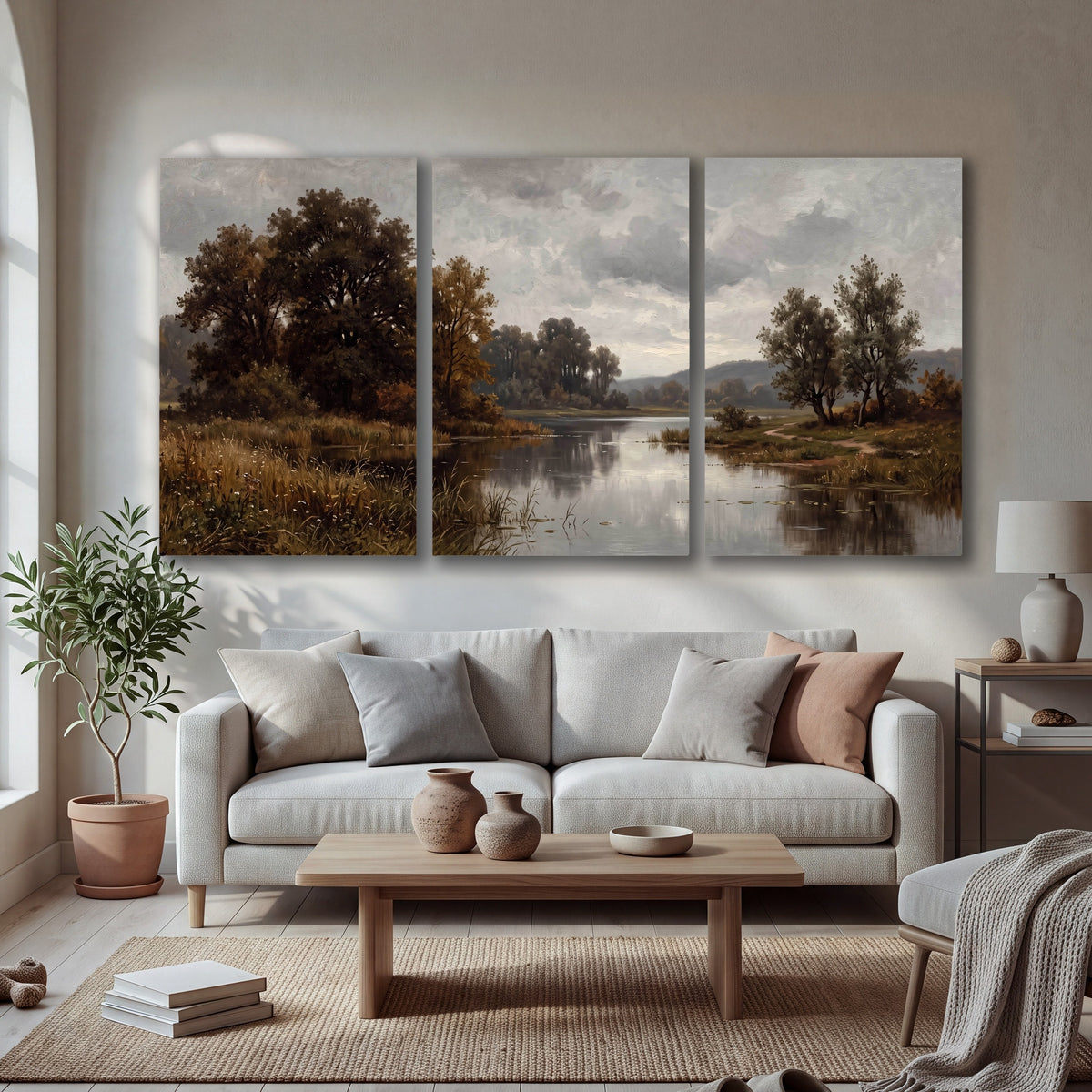 Autumn river landscape painting 3 piece canvas wall art in a bright living room