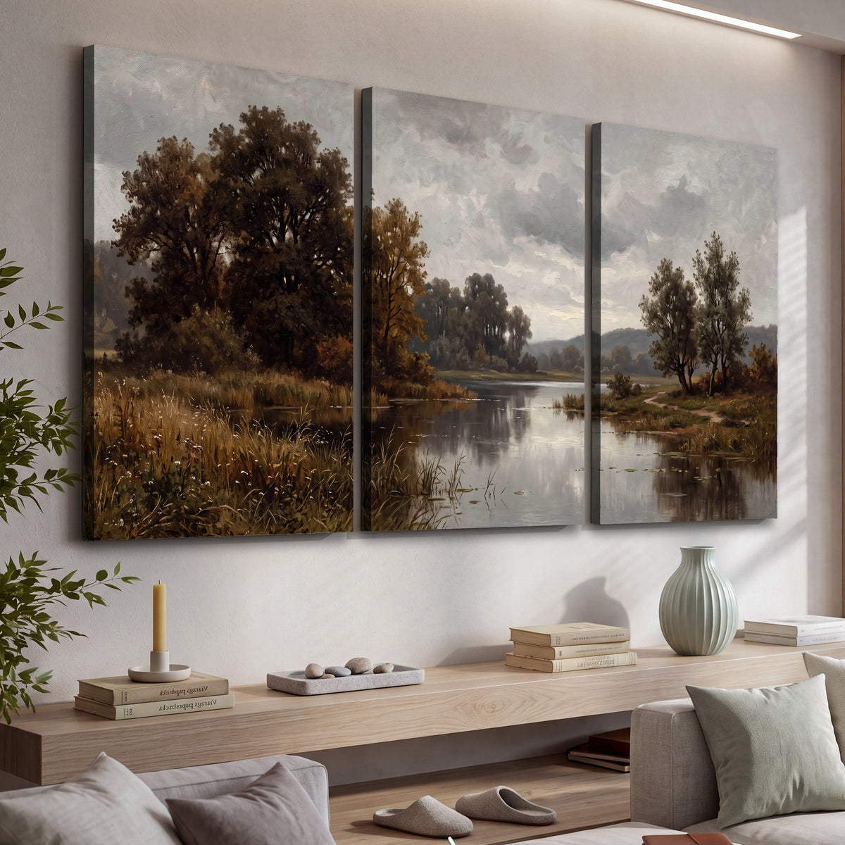 Autumn river landscape painting 3 piece canvas wall art in a living room above a console