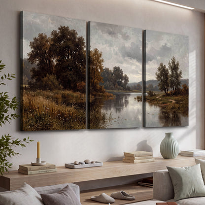Autumn river landscape painting 3 piece canvas wall art in a living room above a console