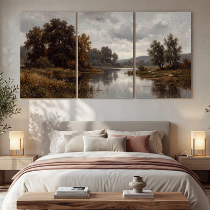 Autumn river landscape painting 3 piece canvas wall art in a bedroom above the bed