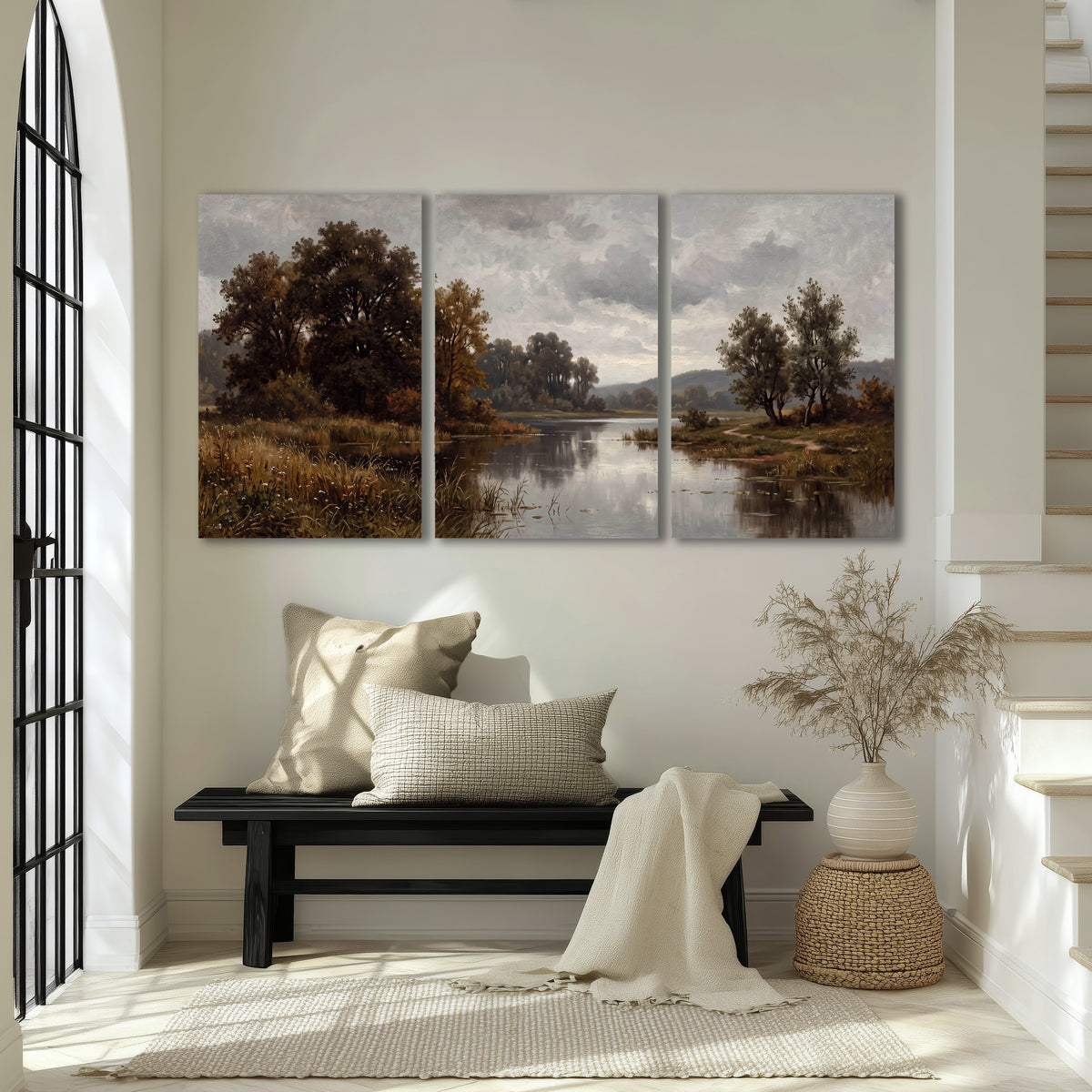 Autumn river landscape painting 3 piece canvas wall art in an entryway above a bench