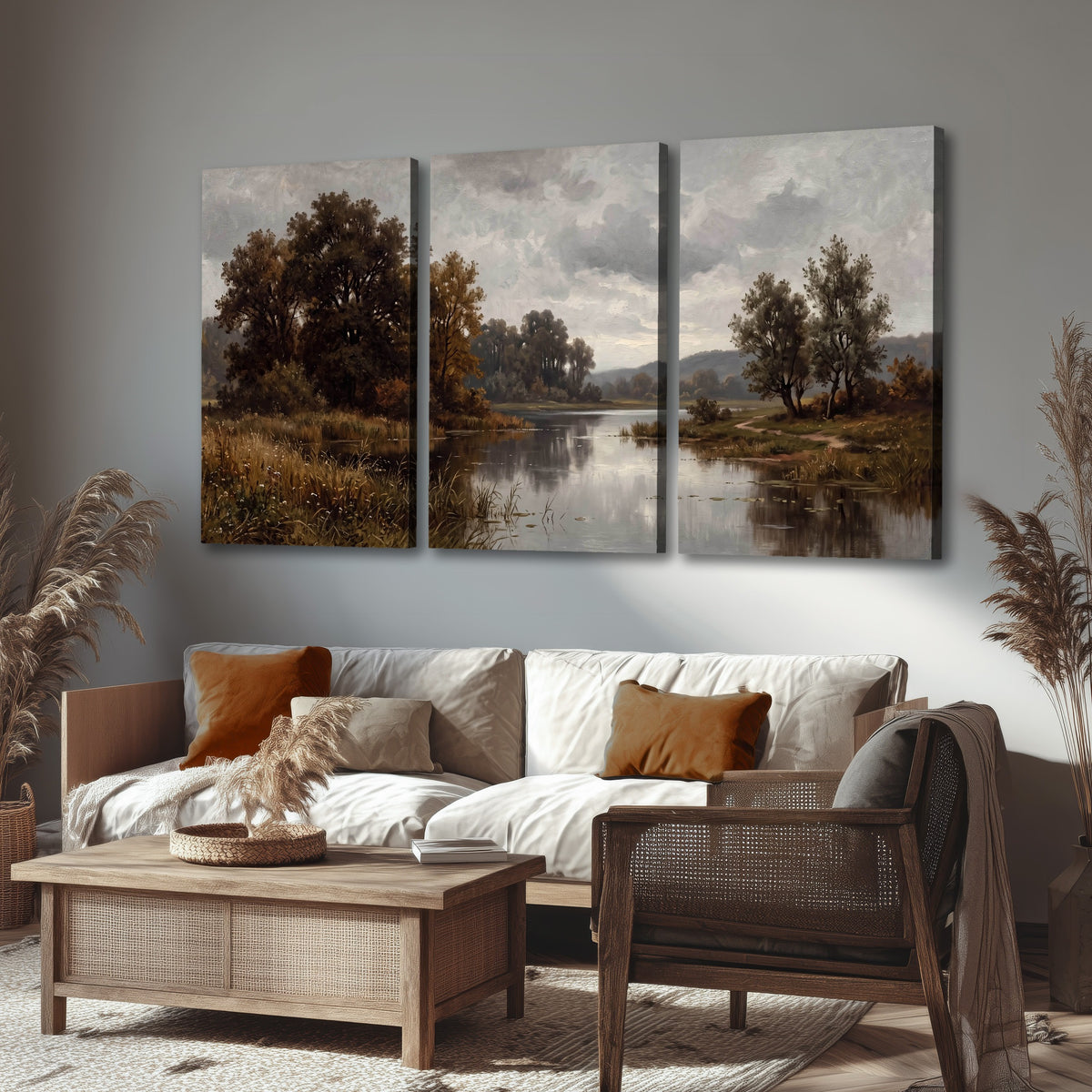 Autumn river landscape painting 3 piece canvas wall art in a rustic living room