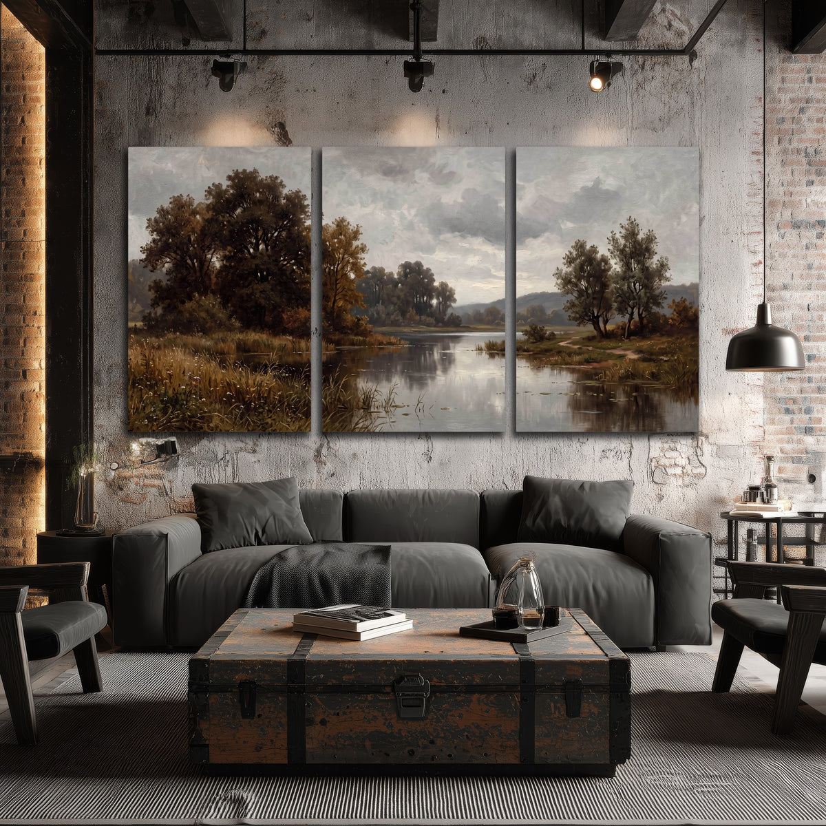 Autumn river landscape painting 3 piece canvas wall art in an industrial loft