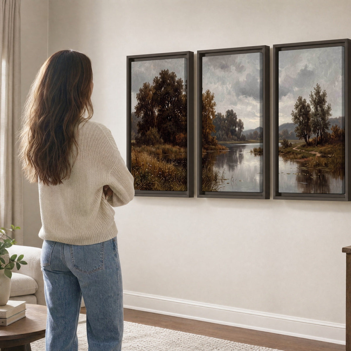Autumn river landscape painting 3 piece framed canvas in a living room