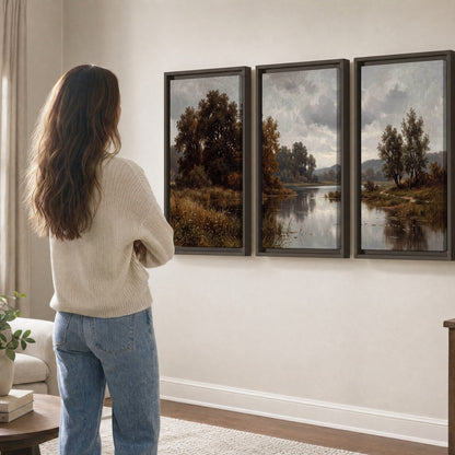 Autumn river landscape painting 3 piece framed canvas in a living room
