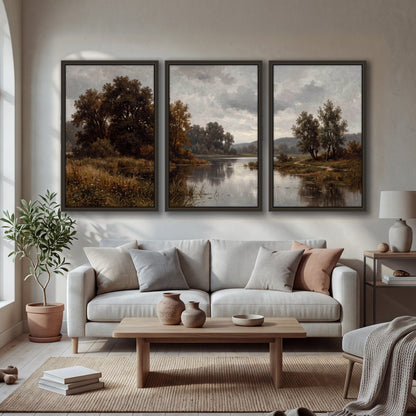 Autumn river landscape painting 3 piece framed canvas in a bright living room