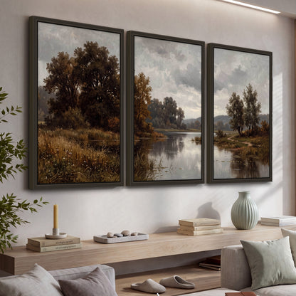 Autumn river landscape painting 3 piece framed canvas in a living room above a console