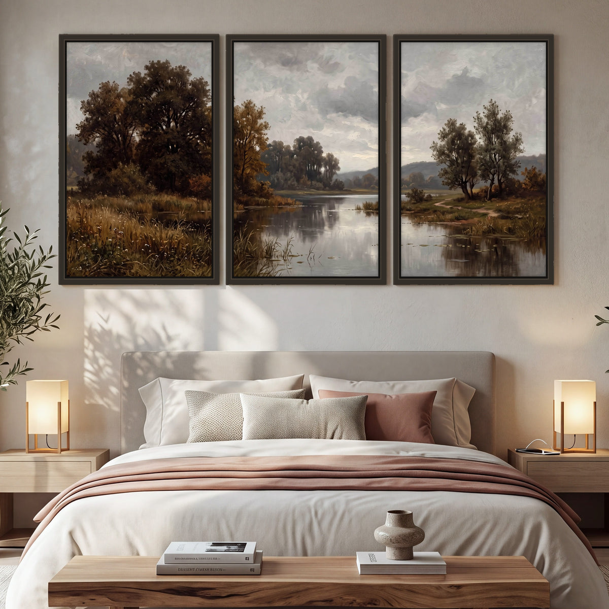 Autumn river landscape painting 3 piece framed canvas in a bedroom above the bed