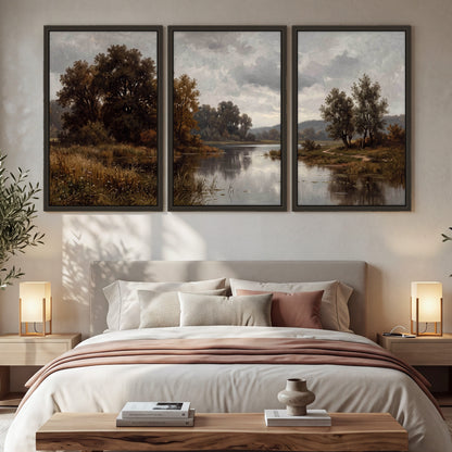 Autumn river landscape painting 3 piece framed canvas in a bedroom above the bed