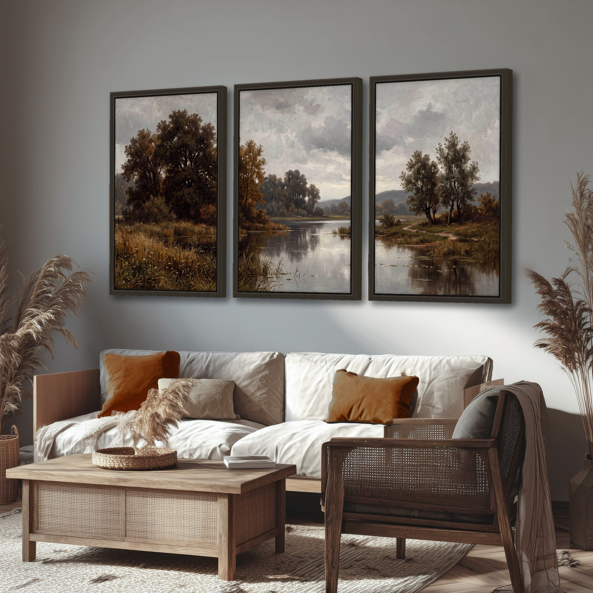 Autumn river landscape painting 3 piece framed canvas in a rustic living room