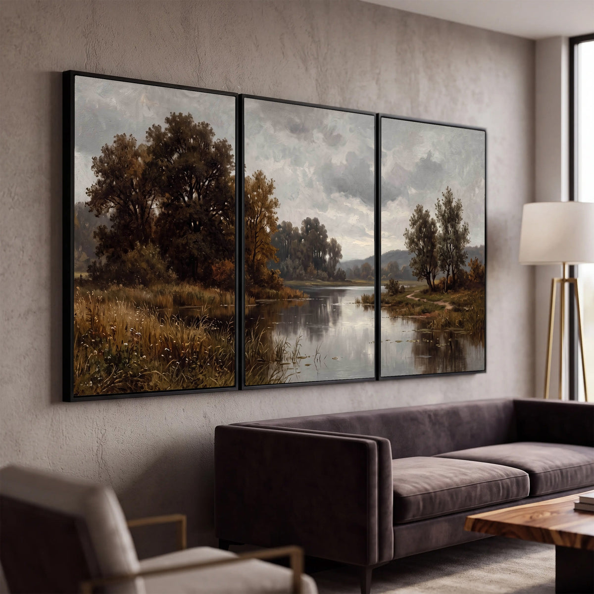 Autumn river landscape painting 3 piece framed canvas in a modern living room