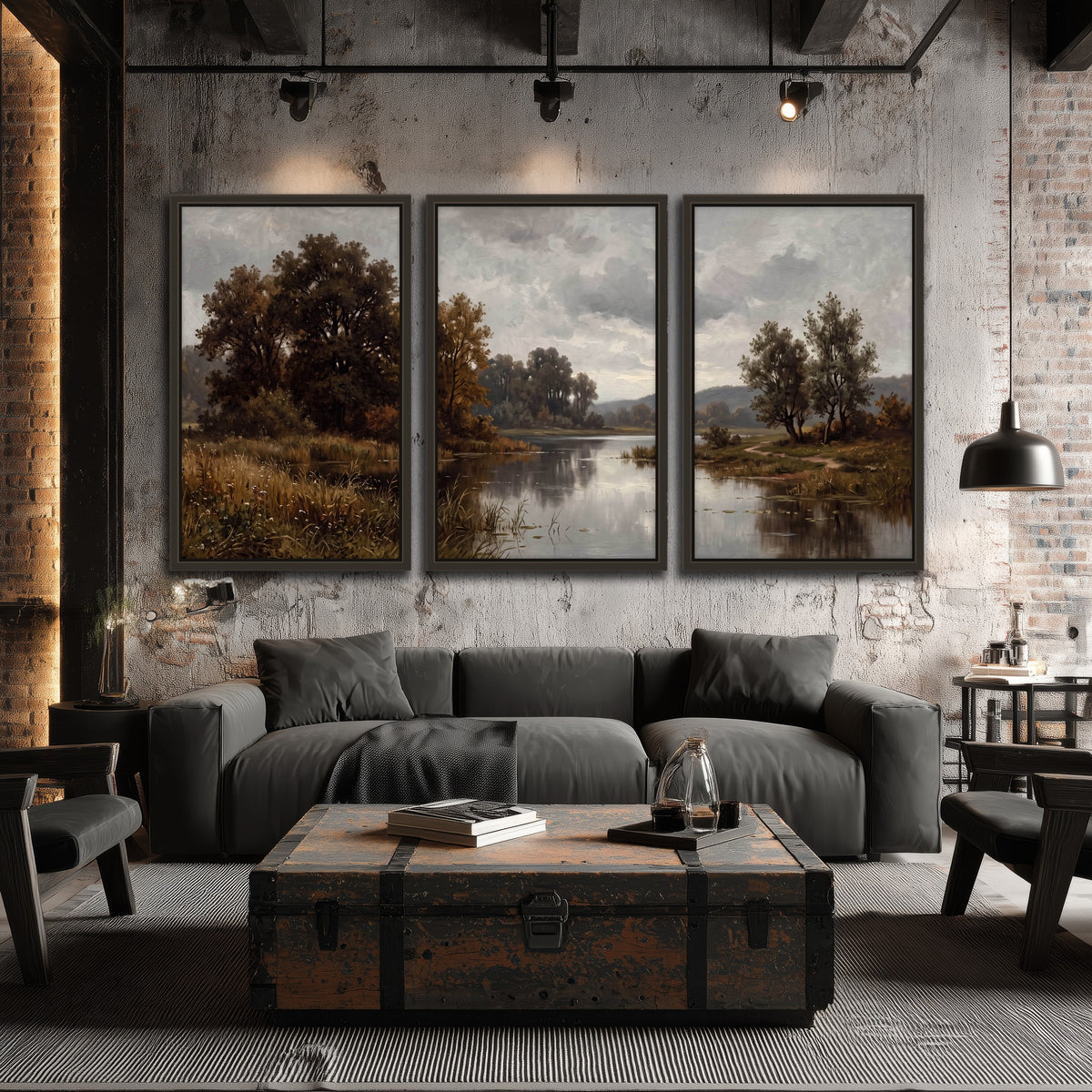 Autumn river landscape painting 3 piece framed canvas in an industrial loft