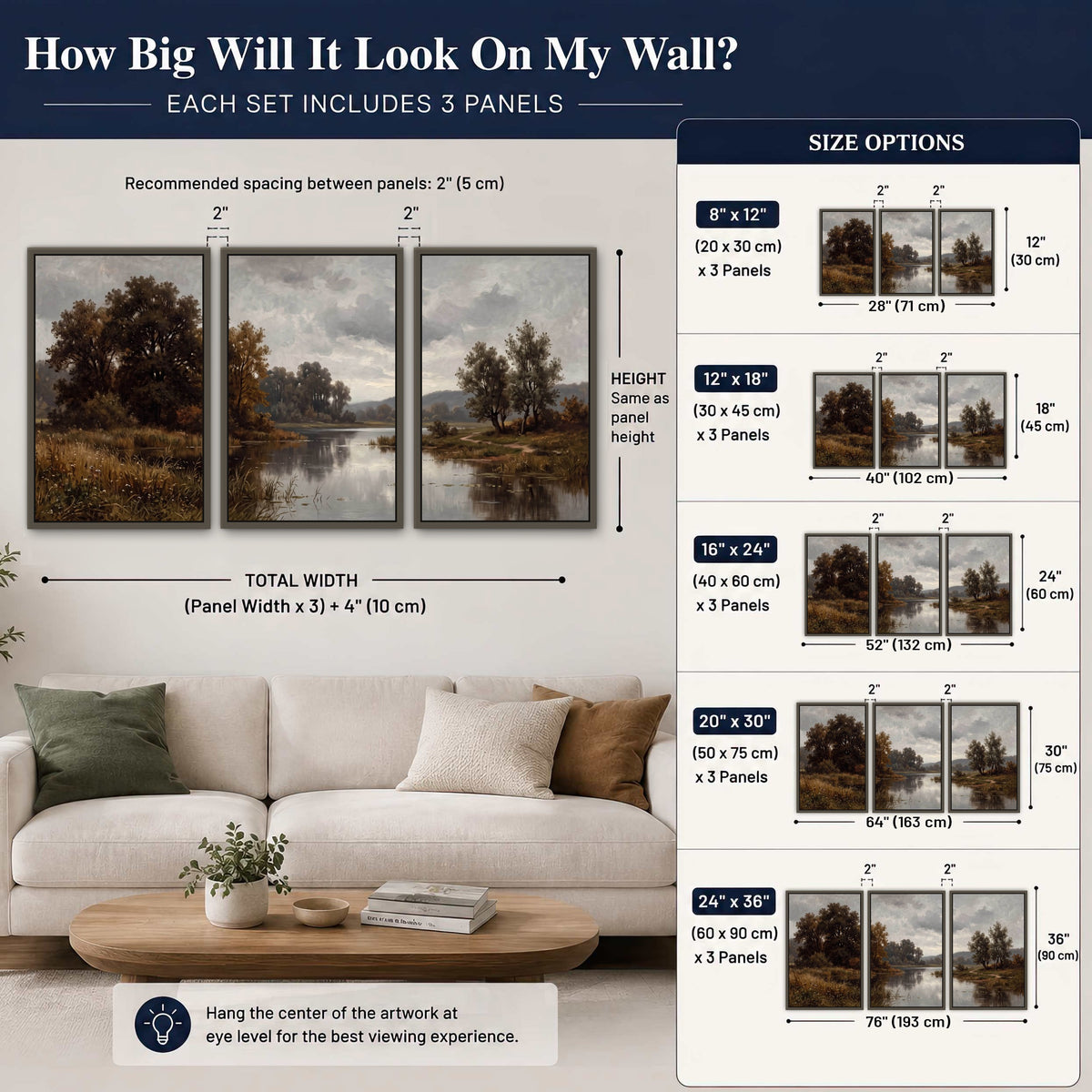 Autumn river landscape painting 3 piece framed canvas size guide above a sofa