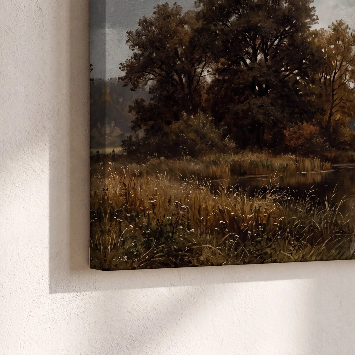 Autumn river landscape painting canvas print close-up showing the gallery-wrapped edge