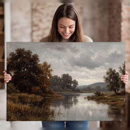 Autumn river landscape painting canvas wall art held in hands