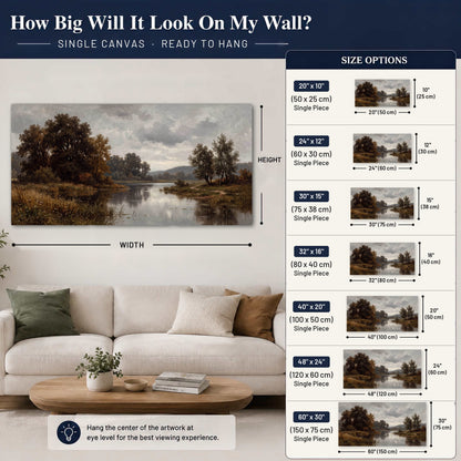 Autumn river landscape painting canvas wall art size guide above a sofa