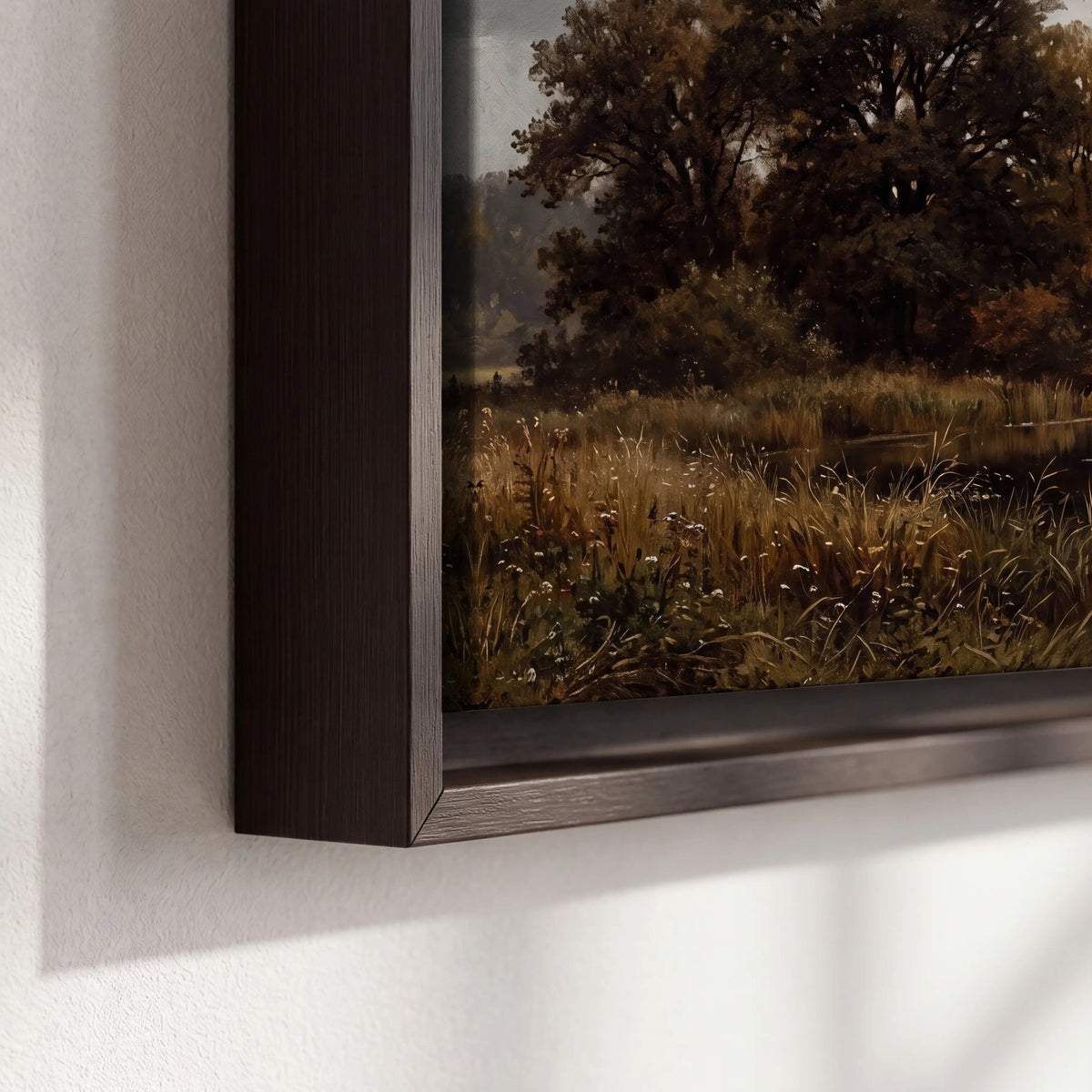 Autumn river landscape painting framed canvas close-up showing the floating frame