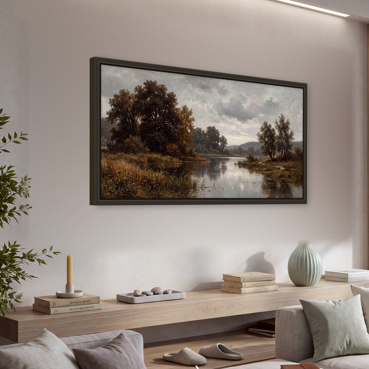 Autumn river landscape painting framed canvas wall art in a living room above a console