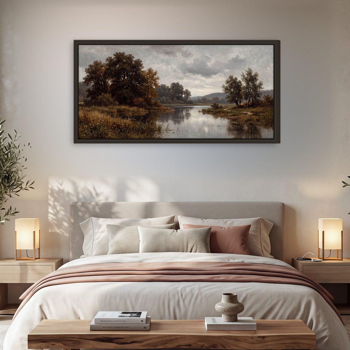 Autumn river landscape painting framed canvas wall art in a bedroom above the bed