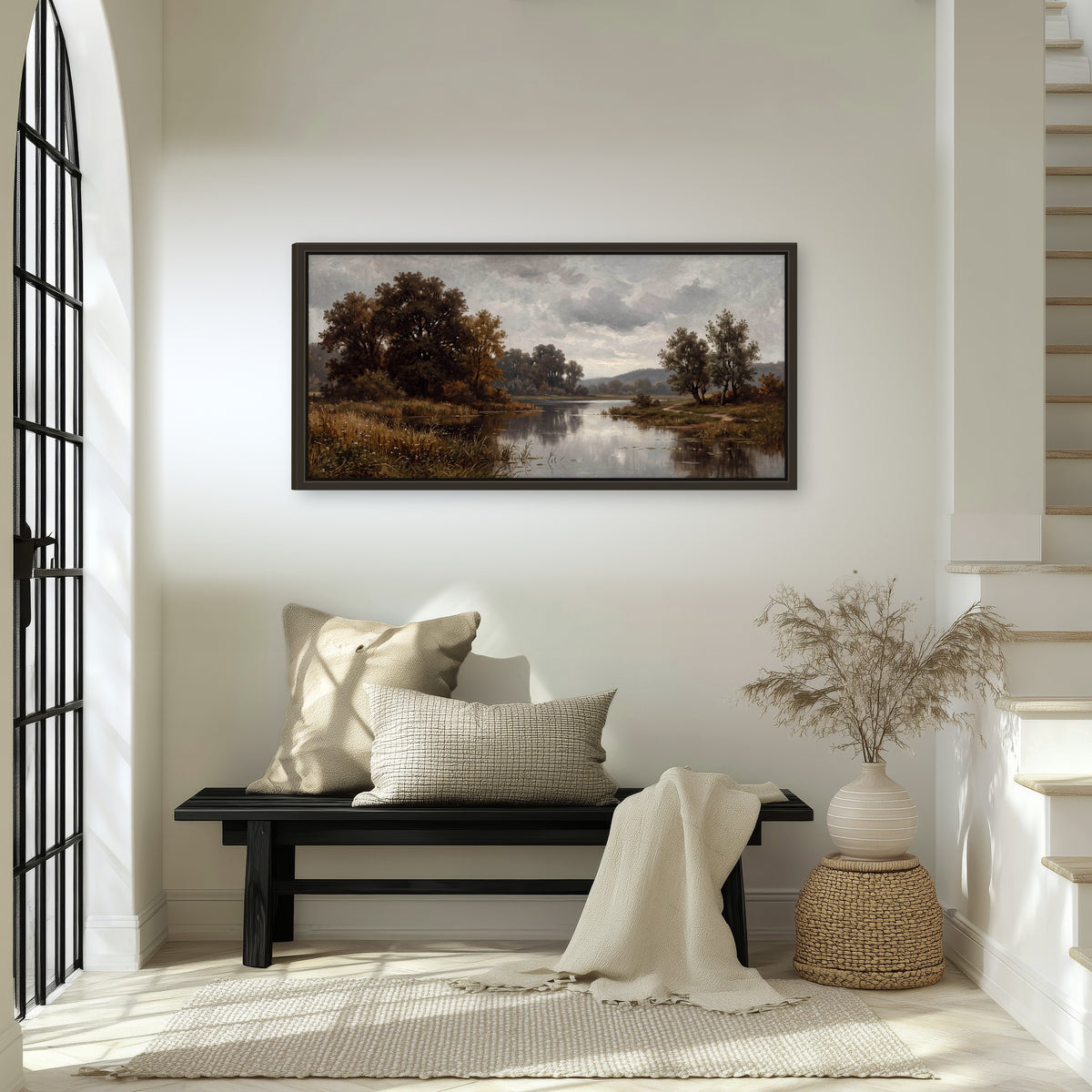 Autumn river landscape painting framed canvas wall art in an entryway above a bench