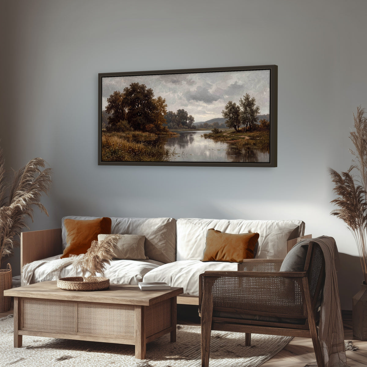 Autumn river landscape painting framed canvas wall art in a rustic living room