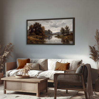 Autumn river landscape painting framed canvas wall art in a rustic living room