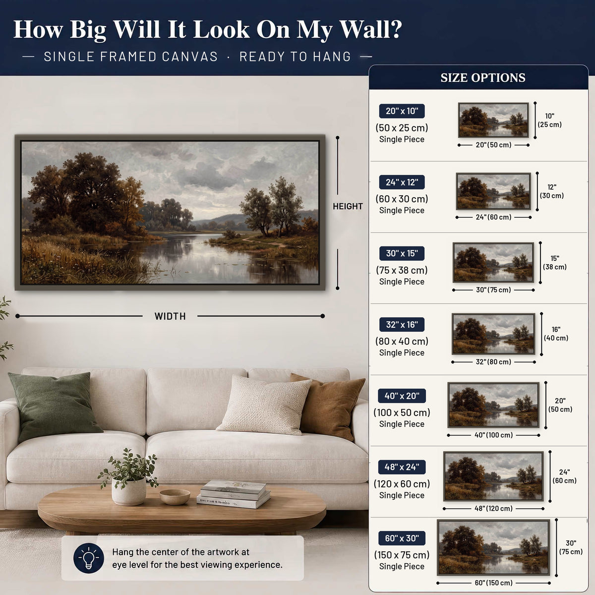 Autumn river landscape painting framed canvas wall art size guide above a sofa