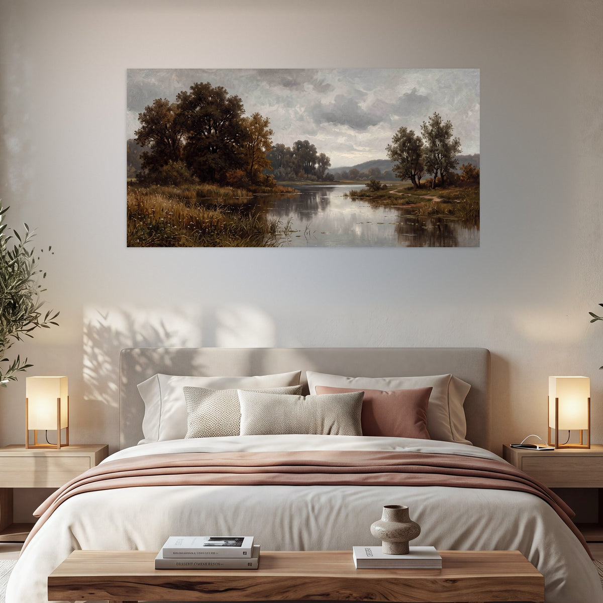 Autumn river landscape painting poster print in a bedroom above the bed